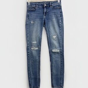 White House Black Market 👖 Metallic Thread Destructed Skinny Jeans Size 10P,EUC